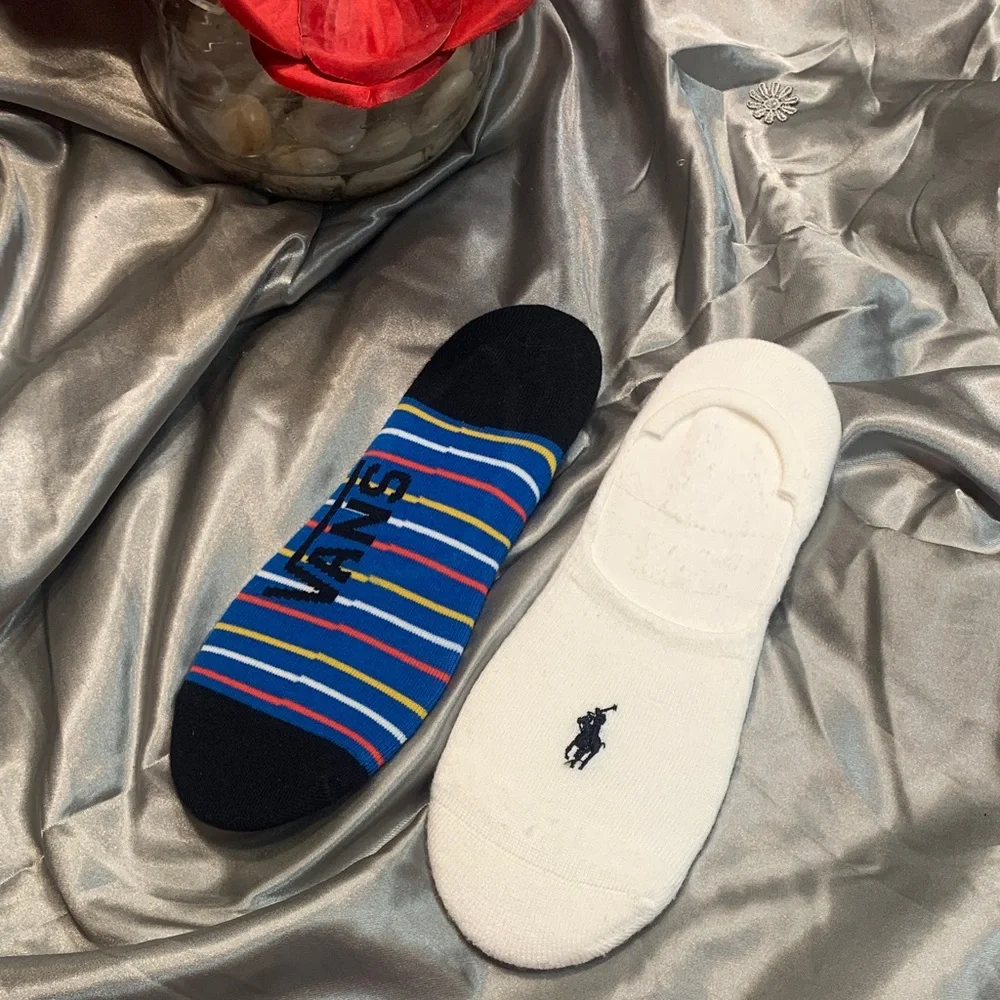 🌹 New Polo by Ralph Lauren & Vans Men’s No-Show Socks - White & Blue Stripes